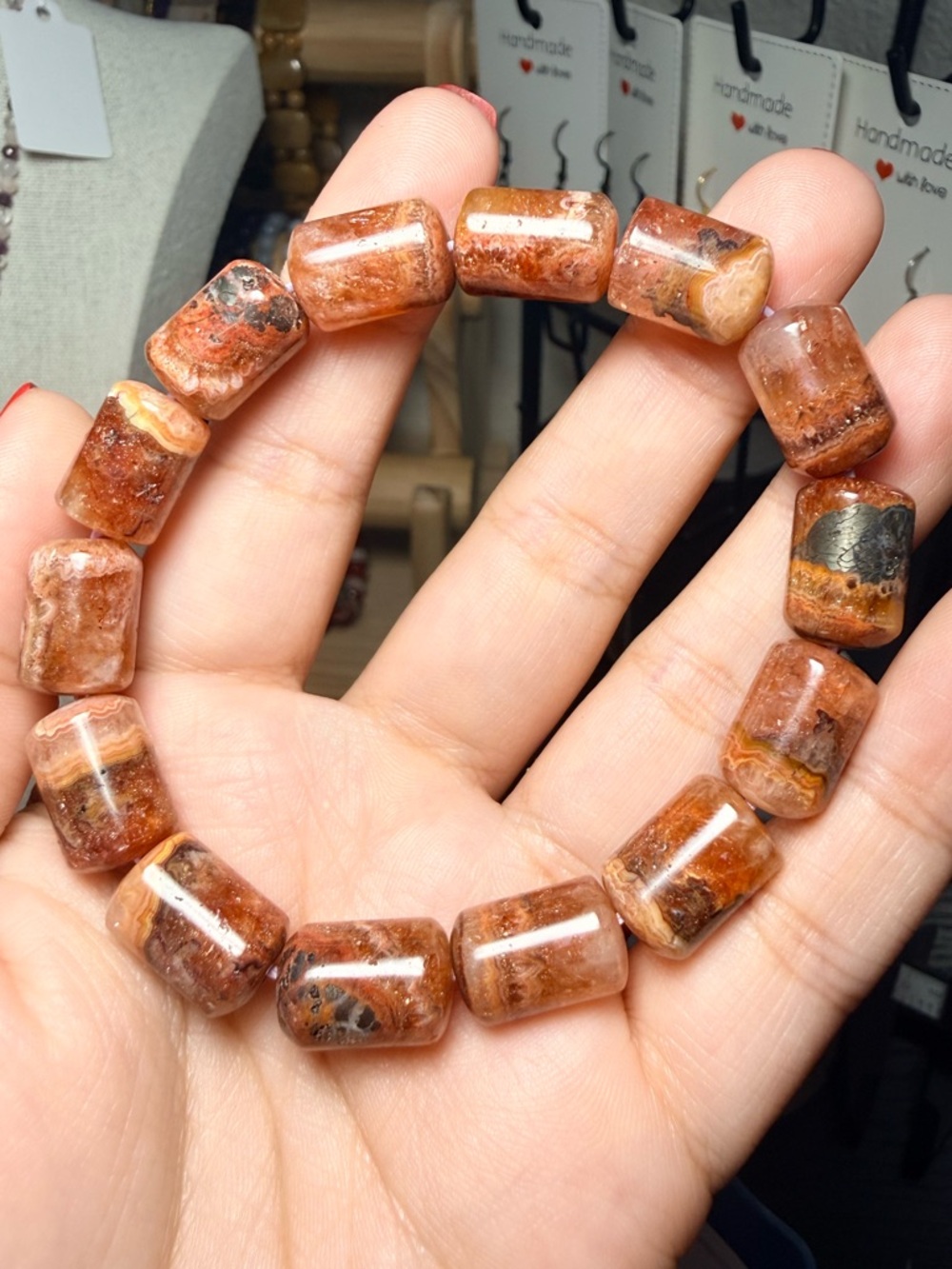Sunstone Mixed Gemstone Barrel Bead Bracelet 10x15mm - Picture 4 of 4